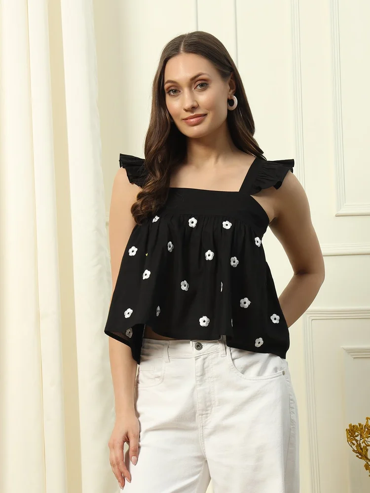 FIORRA Women s Black Solid Cotton Crop Top